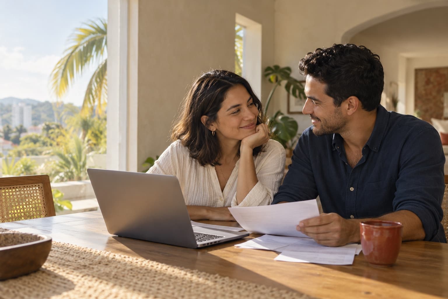 Una pareja comparte sus ideas y planes en casa, junto a una ventana con luz natural.
